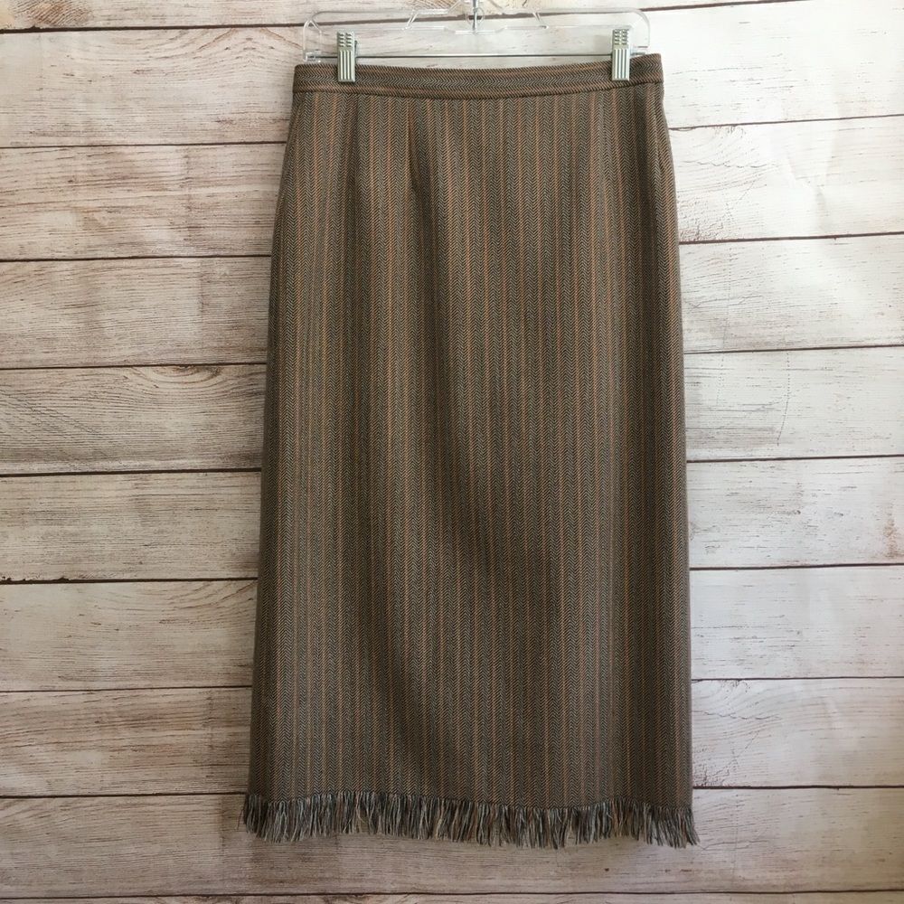 BENARD HOLTZMAN 100% WOOL‎ HERRINGBONE MIDI SKIRT WITH FRINGE HEM